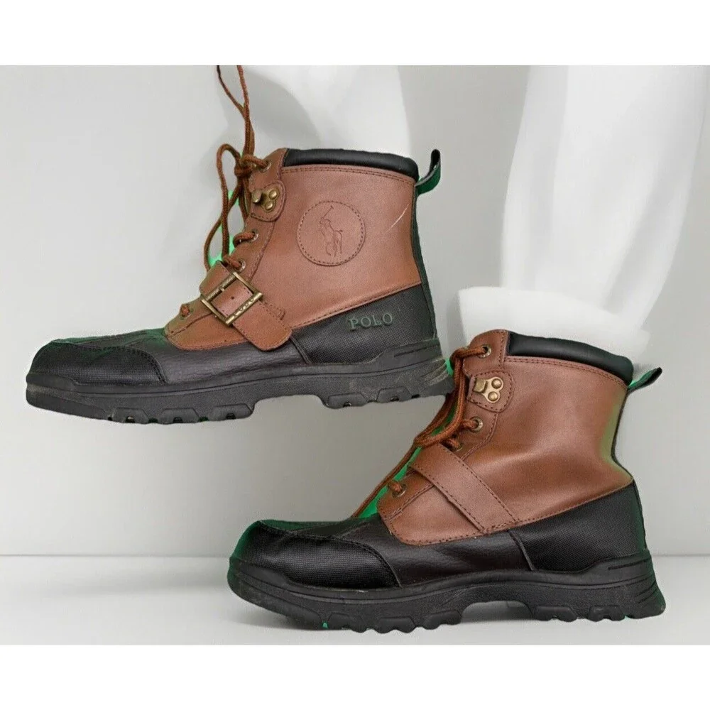 Polo Ralph Lauren Boys Colby Leather Duck Boots Youth Size 5 Lace Up Buckle Logo